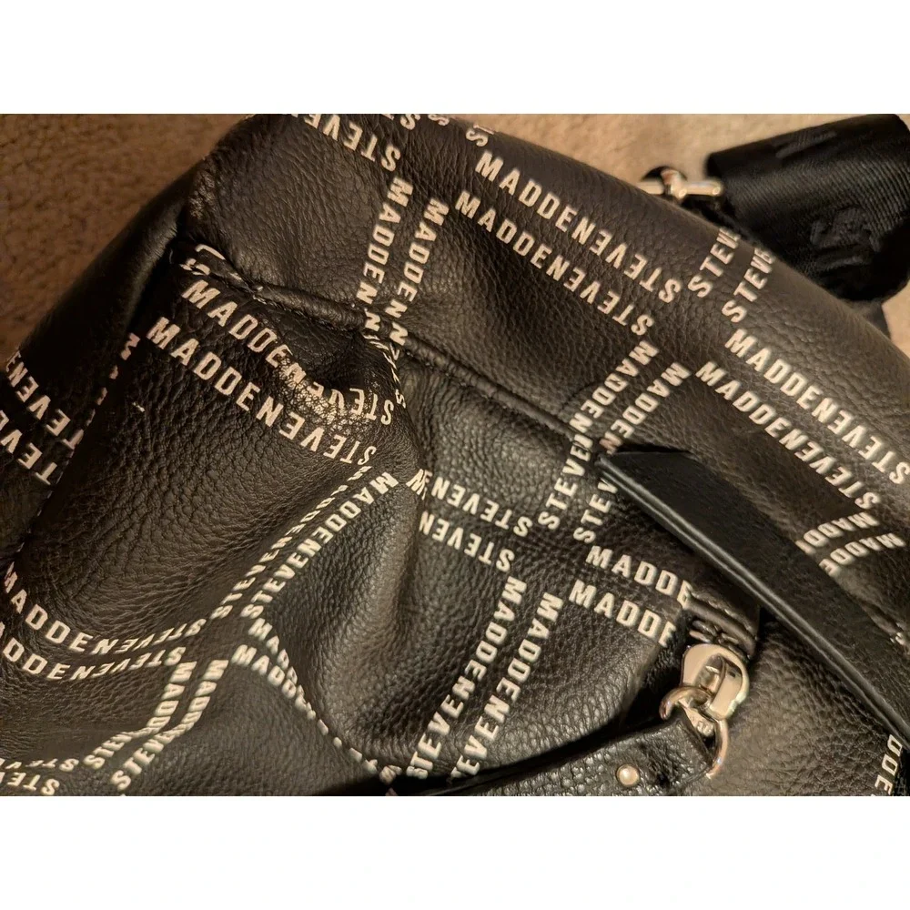 Steve Madden Black Logo Print Pebbled Leather Backpack Front Zip Pockets